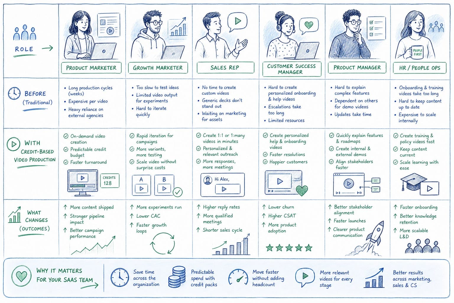 Infographic: What credit-based video production actually changes for each role on a SaaS team